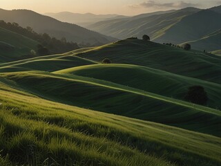 Rolling Green Hills Landscape with Lush Grass and Soft Light, Abstract organic green lines as wallpaper background illustration
