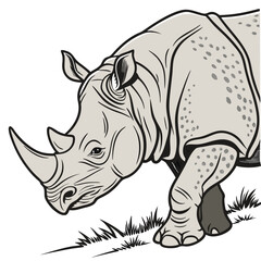 Cartoon Rhinoceros Illustration: Detailed Vector Image of a Rhino with Horns, Wildlife Animal Drawing, Gray Scale Art