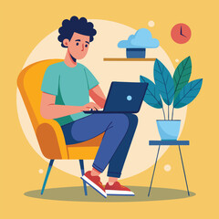 a boy is using his laptop vector
