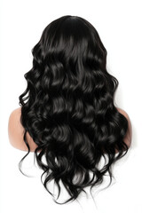 Fototapeta premium Luxurious black wig with long, wavy hair cascading down, showcasing glossy and voluminous texture. Perfect for fashion and styling