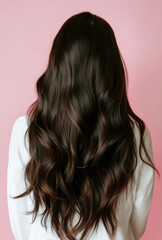 Fototapeta premium Long, wavy black hair cascading down back of person wearing white shirt against pink background. hair appears shiny and well groomed, creating striking contrast with pastel backdrop