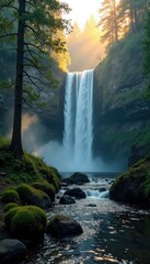 Misty morning veil rises over the Kamianka Waterfall as sunlight peeks through the trees, forest, kamianka