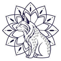 Lynx Mandala Art: Detailed Vector Illustration of a Bobcat in Front of a Floral Mandala Design, Black and White Line Art for Coloring Pages