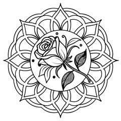 Rose Mandala Coloring Page: Detailed Floral Design for Relaxation & Creativity, Printable Flower Art Therapy for Adults & Kids