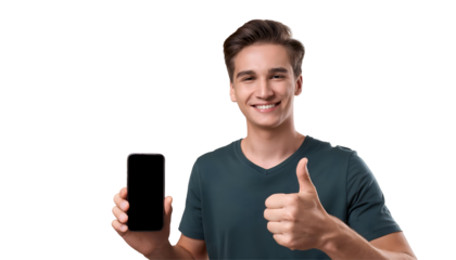 Portrait of a smiling young man holding a phone and showing thumb up sign, isolated on transparent background