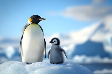 Naklejka premium Photograph of a penguin with its baby in the middle of an Antarctic ice block, against a blue sky, Generative AI