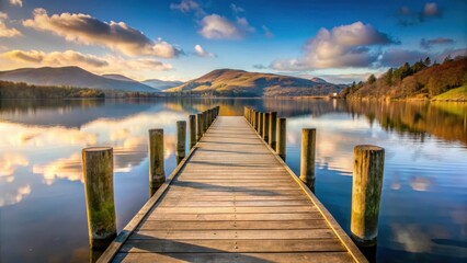 Obraz premium Wooden jetty in serene lake district setting, peaceful atmosphere, wooden pier