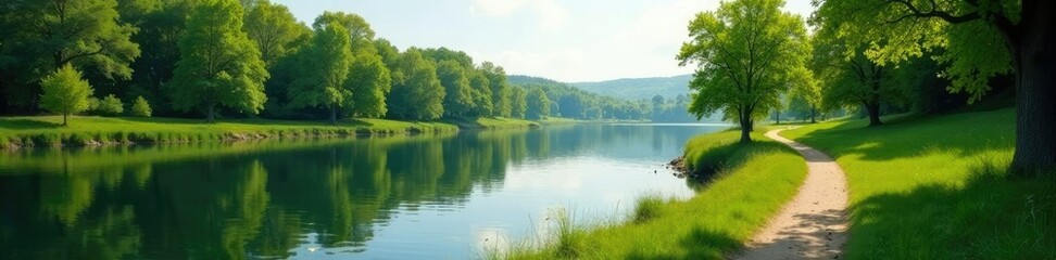 peaceful riverbank scene with a few trees and a winding path, path, calm, nature
