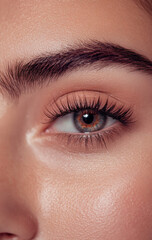 Obraz premium Close up of woman eye with long lashes and well defined eyebrows, showcasing natural makeup and smooth skin texture
