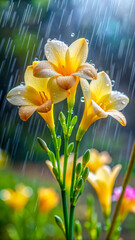 Obraz premium Freesia with translucent petals that pop upward like an umbrella when hit by raindrops