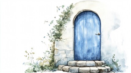 Whimsical Blue Arched Doorway in Abstract Watercolor Painting