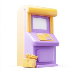 A colorful 3D model of an ATM machine with a gift box, showcasing a playful design.
