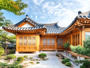 Naklejka premium A beautiful Korean traditional house sits in the sunlight
