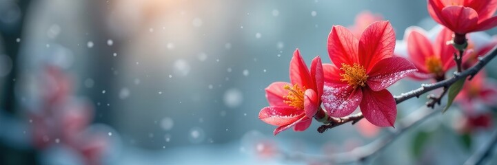 Red and white flowers swaying in the gentle snowfall, peaceful bloom, serene landscape