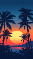 A colorful sunset with palm trees in the foreground, a digital painting depicting a vibrant tropical scene
