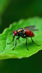 Naklejka premium Red Footed Cannibalfly on a large leaf resting, green, bug, insect