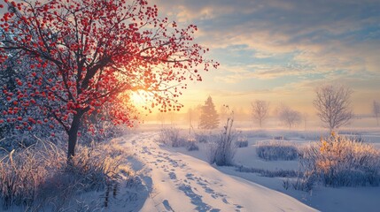 Red berries on tree glow against snowy winter sunrise scene