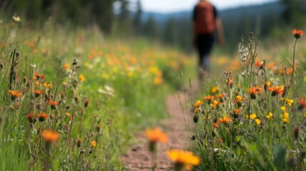 Person walking along a flower-filled trail in a lush green landscape with distant mountains