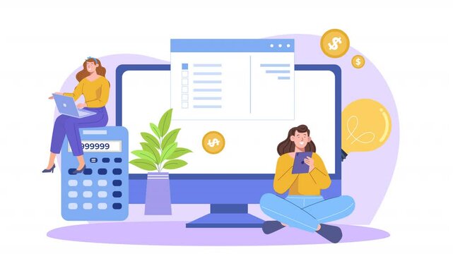 Flat vector scene animation showcasing a character paying bills through an online platform, with visuals of digital payment systems, bills, and confirmation steps.