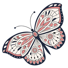 Intricate Butterfly Illustration: Detailed Vector Art with Pink & Cream Floral Patterns, Elegant Insect Design for Crafts & Decoration