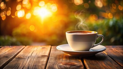 Obraz premium coffee cup on wooden table background, warm light glow , desk, cup, desk, cup, beverage, wood, warm light