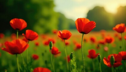 Obraz premium Row of red poppy flowers in a lush green meadow, garden, meadow, red