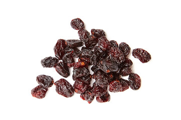 Overhead shot of dried cranberries with a glossy, wrinkled texture. Vibrant red and dark hues stand out against a clean white background
