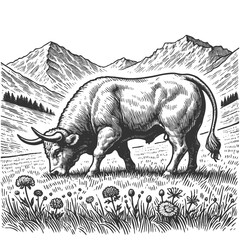 bull grazing in an alpine meadow, with mountains, trees, drawn in an engraved, woodcut style sketch engraving generative ai vector illustration. Scratch board imitation. Black and white image.