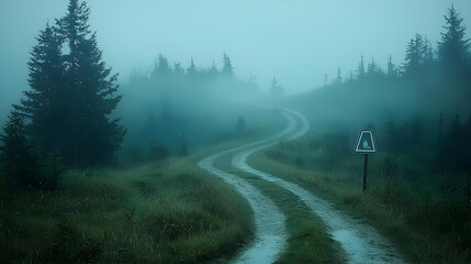 Misty mountain road winding through foggy forest