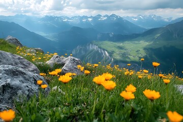 Fototapeta premium A beautiful view of the Alps mountains with yellow flowers, green grass, and rocks on a sunny summer day, Generative AI