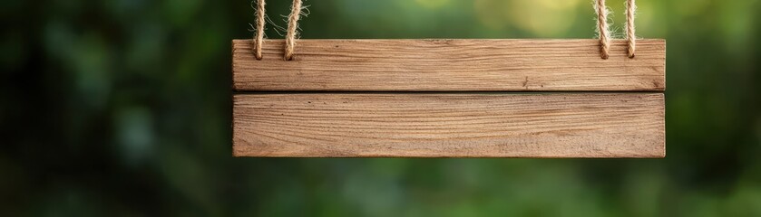 Fototapeta premium Rustic Wooden Sign Hanging in Nature with Green Background for Blank Message and Creative Design Ideas