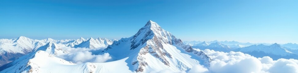 Fototapeta premium Snow capped peak stretches towards clear blue sky, serene and untouched, peak, solitude