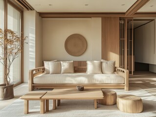 A well lit interior with a wooden sofa and plants