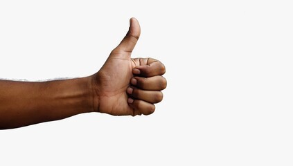 African American hand giving thumbs up gesture, expressing positive sentiment against minimal white background
