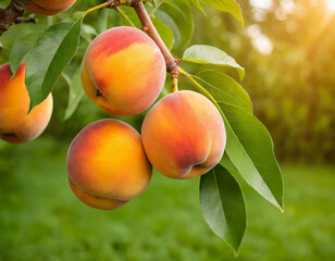 Ripe Peaches Hanging on a Sunny Tree