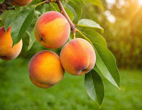 Ripe Peaches Hanging on a Sunny Tree - Powered by Adobe