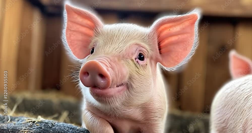 Poster Close-up of a smiling piglet with a focus on its pink features. The piglet is in a barn environment