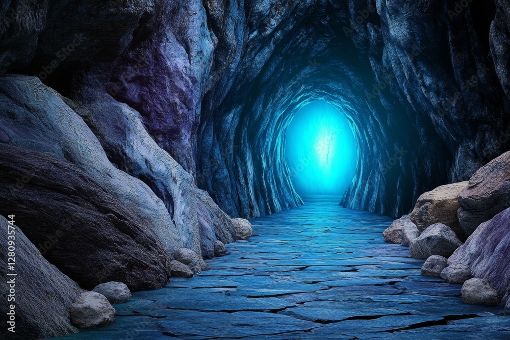 Poster Exploring an enigmatic light at the end of a dark tunnel mythical location cinematic imagery mysterious environment perspective concept