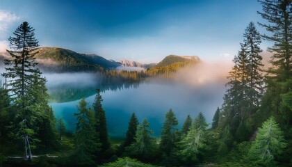 Misty black lake surrounded by pine forest at sunrise in durmitor national park