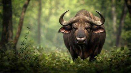 Majestic Dark Brown Cape Buffalo Bull in Lush Green Forest