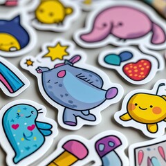 Fototapeta premium Colorful cartoon stickers; whimsical creatures, objects.