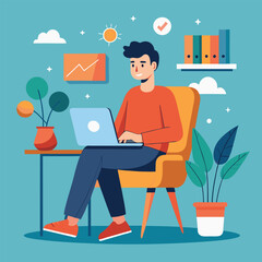 a boy is using his laptop vector