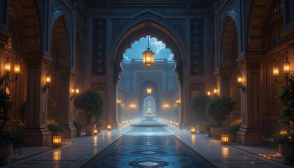 Fototapeta premium Majestic Arabian Palace Corridor at Dusk with Lanterns and Mist Leading to an Illuminated Archway 