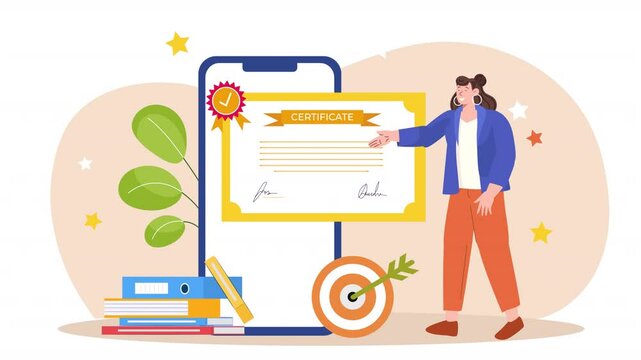Flat vector scene animation showcasing the certification process, where characters are seen completing a training program, taking exams, and proudly receiving their certificates.