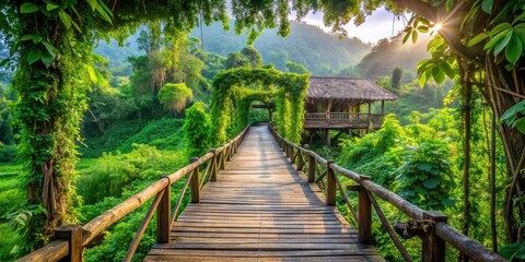 Obraz premium Elevated wooden bridge amidst lush greenery and vines covering its structure in Nongriat village, Nongriat, green, Nongriat