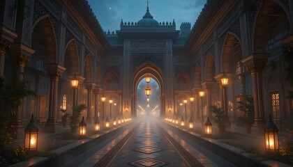 Fototapeta premium Majestic Arabian Palace Corridor at Dusk with Lanterns and Mist Leading to an Illuminated Archway 