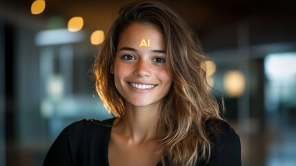 Naklejka premium Smiling woman with AI symbol on forehead in futuristic setting