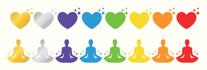 Heart, rainbow, colors, meditation, human, glow. Love, mindfulness, peace, balance, positive, happy. Pride, party, light. LGBT gay transgender concept, respect. Set, icon, vector