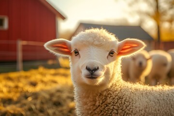 Obraz premium Cute, fluffy sheep on the meadow near a red barn in a rural Swedish landscape at sunset, during the golden hour, Generative AI