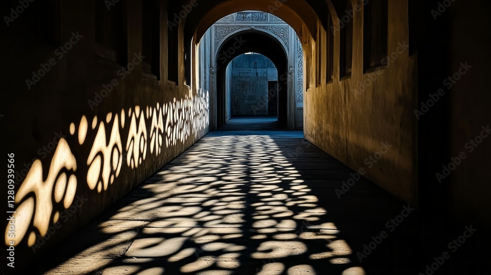 Poster Sunlight filters through intricately designed openings, casting captivating shadows on the stone floor of an old Indian corridor. This enchanting display highlights rich cultural history